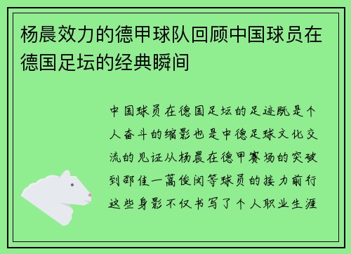 杨晨效力的德甲球队回顾中国球员在德国足坛的经典瞬间