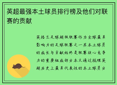 英超最强本土球员排行榜及他们对联赛的贡献